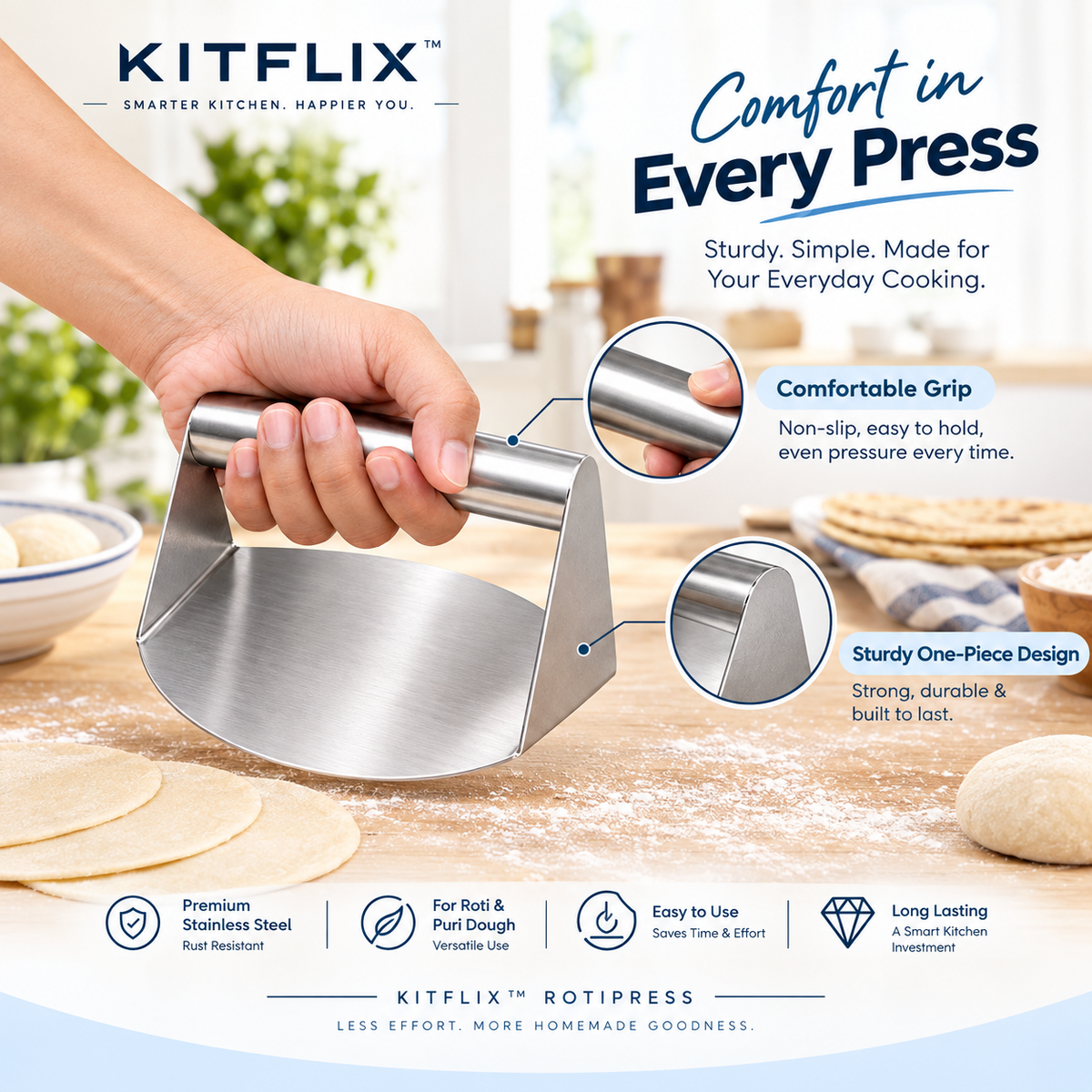 Kitflix™ RotiPress - Stainless Steel Roti & Puri Dough Press