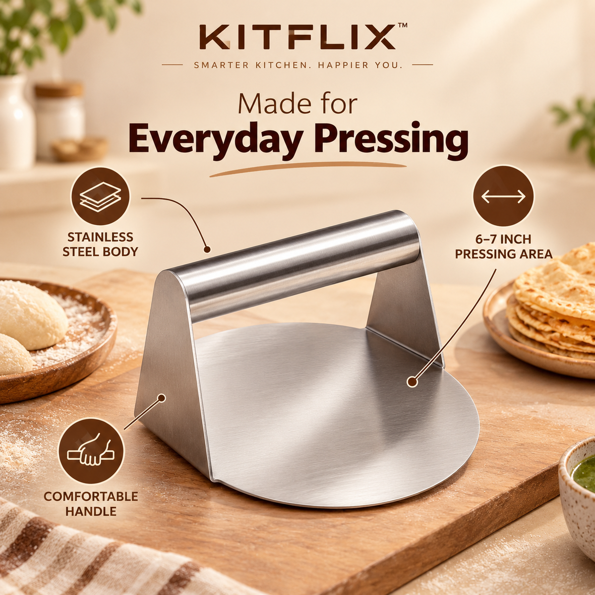 Kitflix™ RotiPress - Stainless Steel Roti & Puri Dough Press